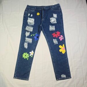 Unbranded Women's Distressed Floral Denim Jeans 3XL Blue Straight Leg Ripped K45